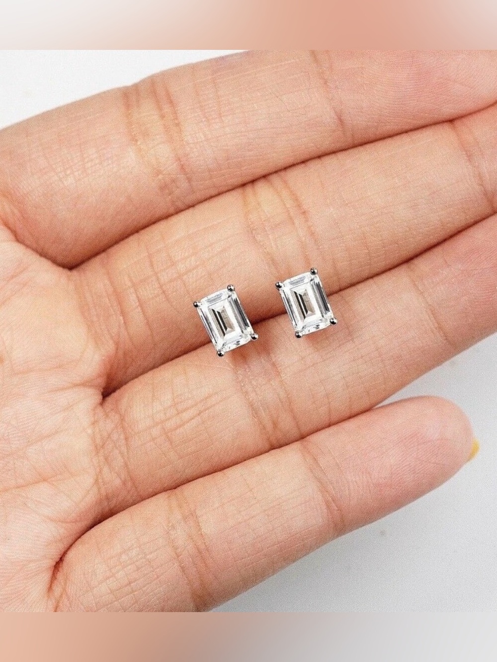 2 Ct Emerald Cut VVS1/D Lab Created Stud Earrings 14k White Gold 7mm Push Back